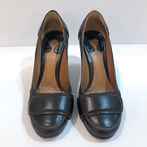 Chloe Brown Leather Round Toe Pumps - Picture 7 of 11